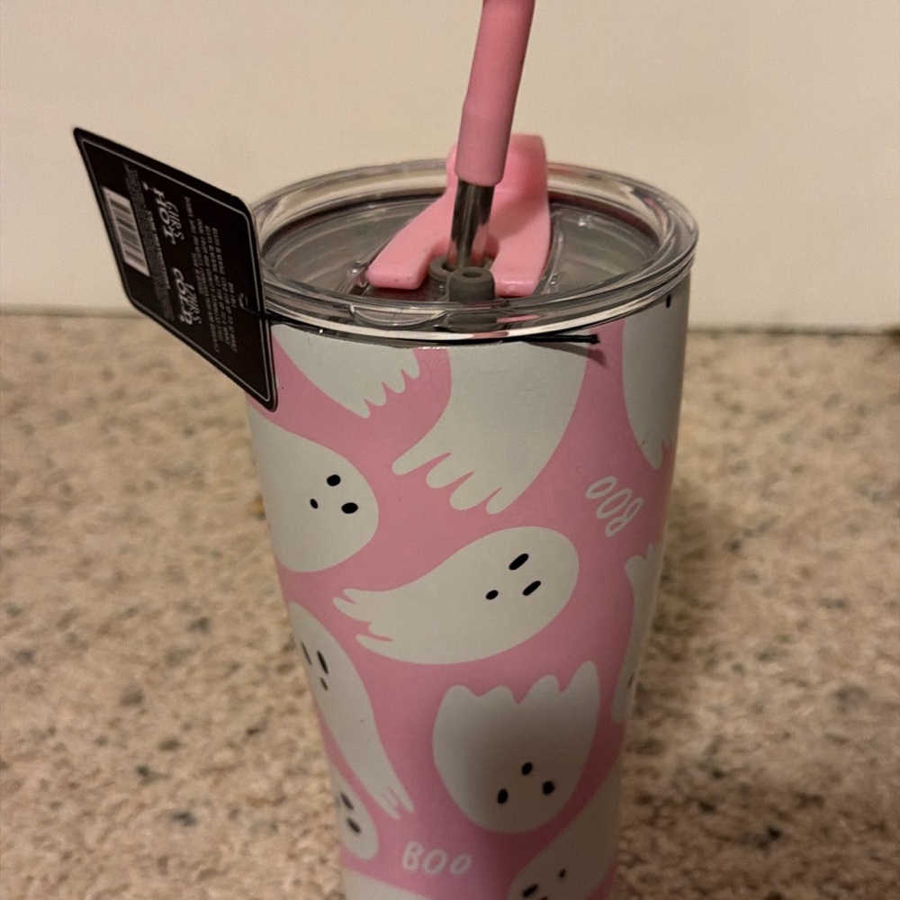 Pink Ghost Tumbler with Straw